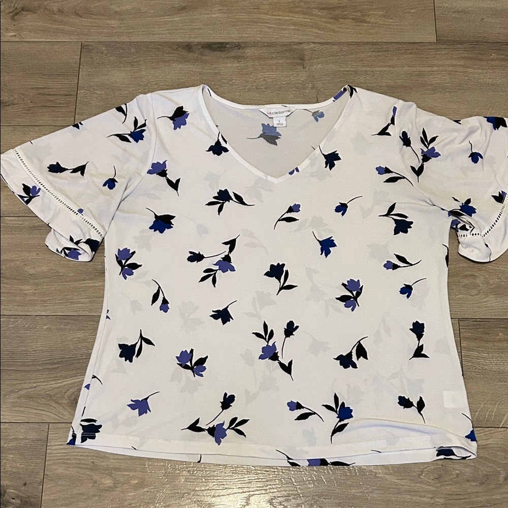 Liz Claiborne White Blouse with Black and Purple Floral Design